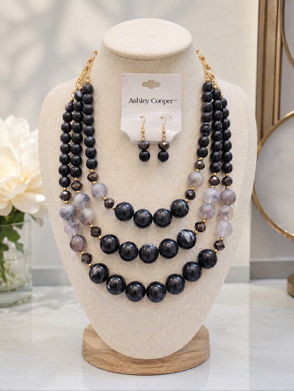Ashley Cooper Gray Black Beaded Statement Necklace Earrings Set Gold Tone NWT